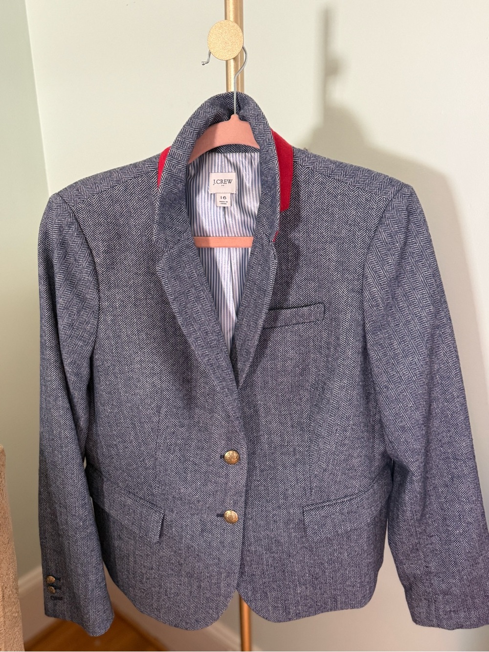 J. Crew Navy Herringbone Blazer with Red Collar Trim
